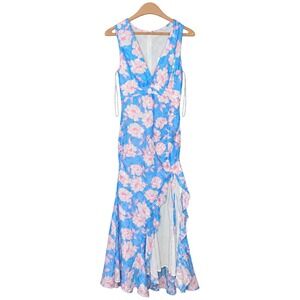 All About May EE6928L Blue Pink Floral Maxi Dress Side Split Wedding Size 4 NWT
